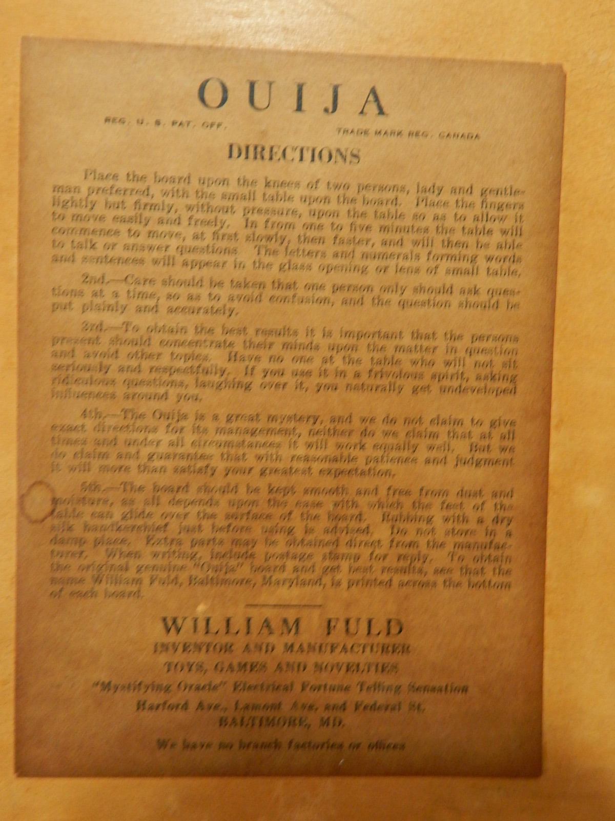 Fuld 1935 Ouija Board #OBSet 1178